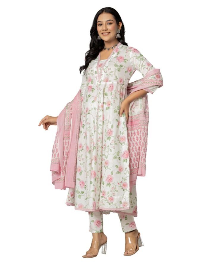 Amayra Women's Cotton Printed Anarkali Kurta with Palazzo Pants and Dupatta(TCK571,Pink,XL) - Image 4