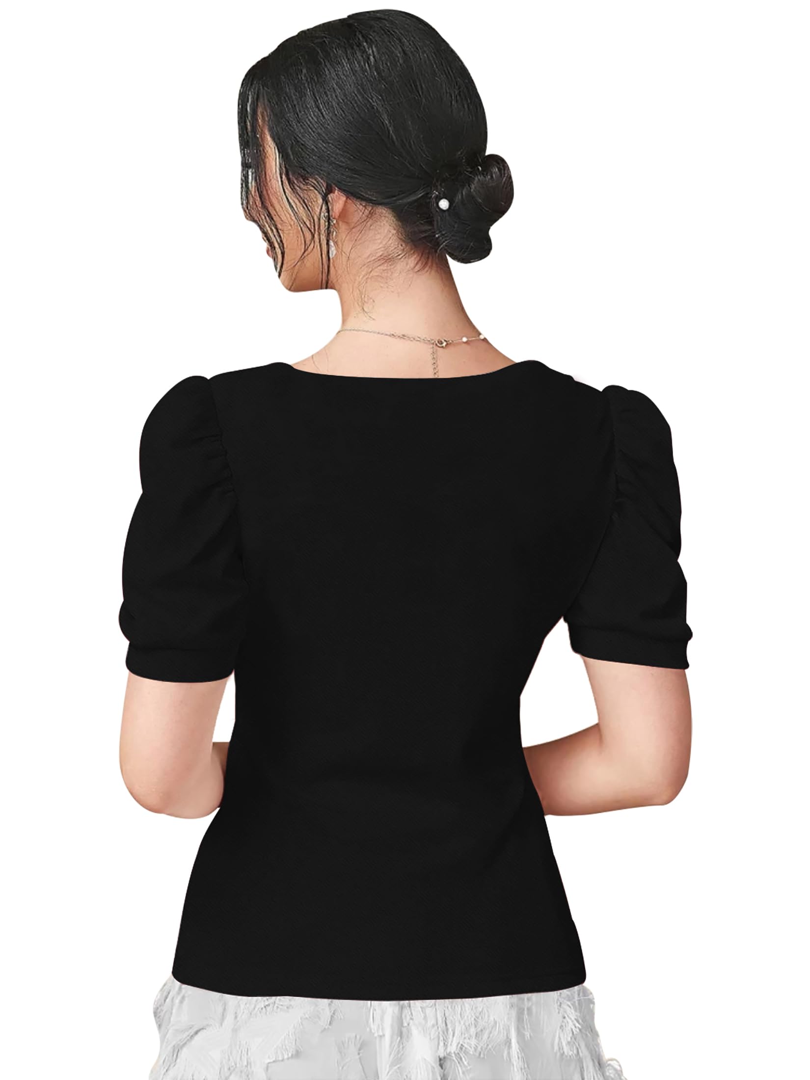 Dream Beauty Fashion Women's Polyester Asymmetric Neck Puff/Balloon Bishop Sleeve Elegant Casual Tee Top, 23" Inches (Top Paris-01-Black-M, Slim Fit),Medium - Image 3