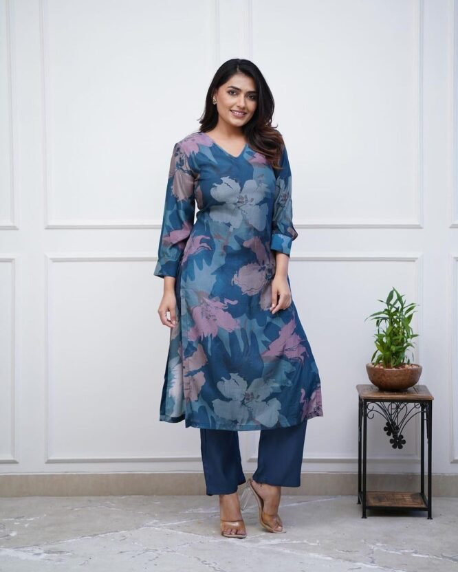 GoSriKi Women's Rayon Blend Straight Printed Kurta with Pant (KITIMAT Cerosin-GS_L_Blue_Large) - Image 2