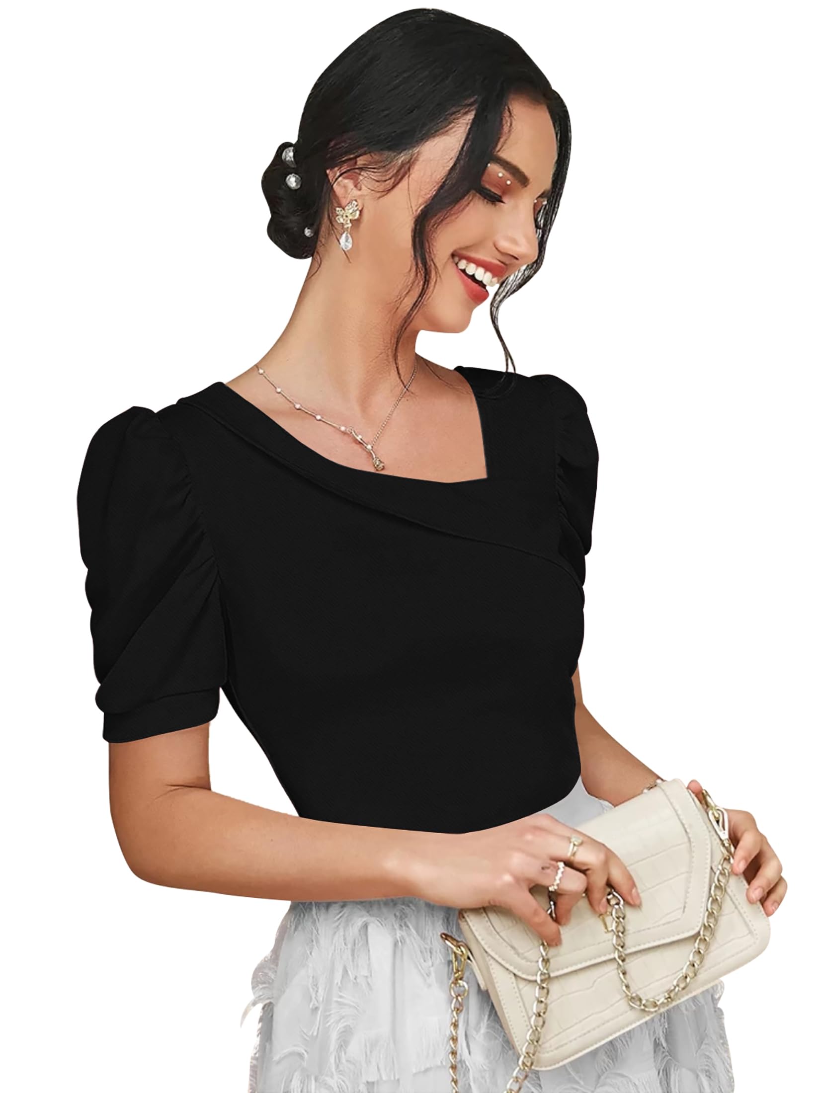 Dream Beauty Fashion Women's Polyester Asymmetric Neck Puff/Balloon Bishop Sleeve Elegant Casual Tee Top, 23" Inches (Top Paris-01-Black-M, Slim Fit),Medium - Image 2