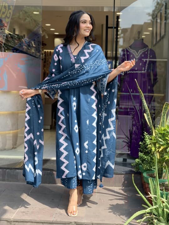 Rangnavi Women's Cotton Anarkali Printed V-Neck Kurta with Palazzo & Dupatta | Ethnic Set | Dupatta Set | Suit Set |Kurta Set | - Image 2