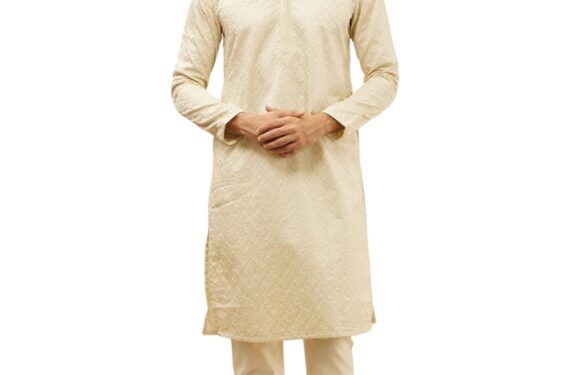 Manyavar Mens Beige Satin Self Design Kurta Pyjama Set