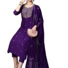 GoSriKi Women's Cotton Blend Embroidered Straight Kurta with Pant & Dupatta (Kasturi Begani-NGT-GS_S_Blue_Small)