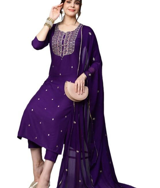 GoSriKi Women's Cotton Blend Embroidered Straight Kurta with Pant & Dupatta (Kasturi Begani-NGT-GS_S_Blue_Small)