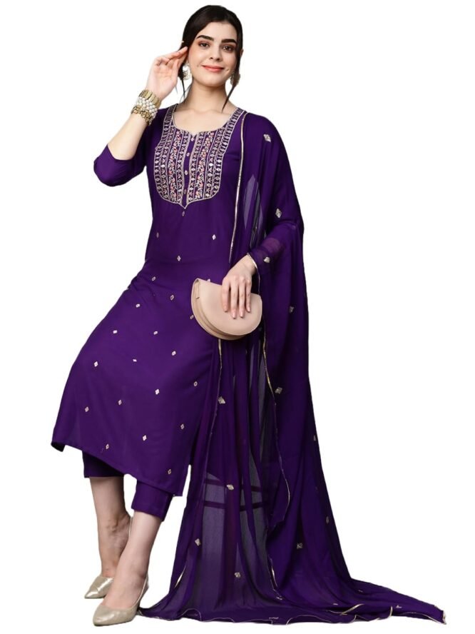 GoSriKi Women's Cotton Blend Embroidered Straight Kurta with Pant & Dupatta (Kasturi Begani-NGT-GS_S_Blue_Small)