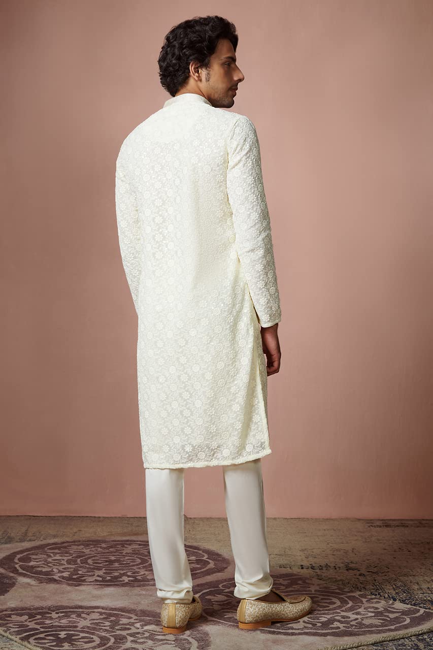 Manyavar Kurta Set for Men, Full Sleeves Mandarin Collar Ethnic Kurta Set For Diwali, Wedding, Party All Over Self Design (Off White, L) - Image 5