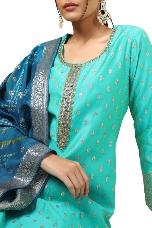 Soch Womens Turquoise Blue Chanderi Embellished Suit Set With Sequins - Image 6