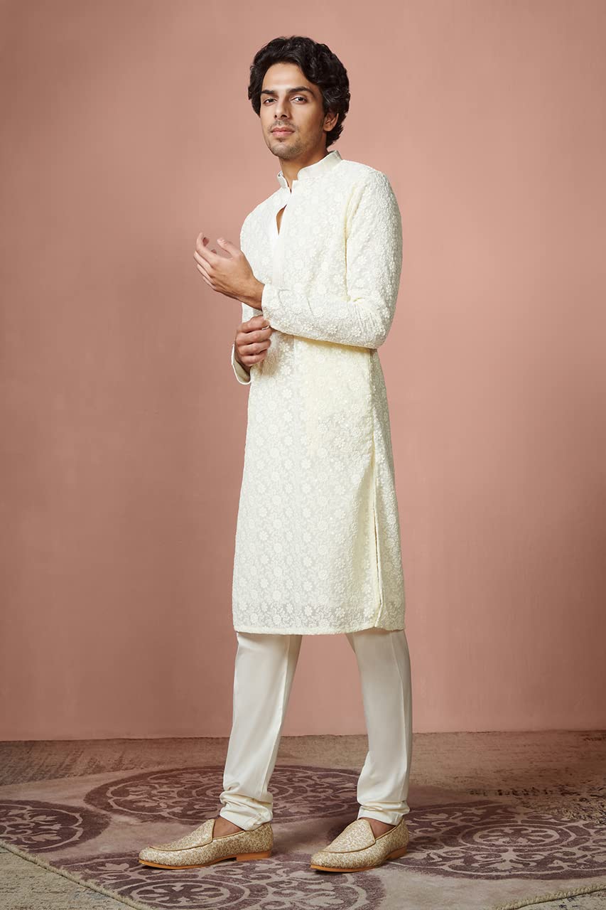 Manyavar Kurta Set for Men, Full Sleeves Mandarin Collar Ethnic Kurta Set For Diwali, Wedding, Party All Over Self Design (Off White, L) - Image 6