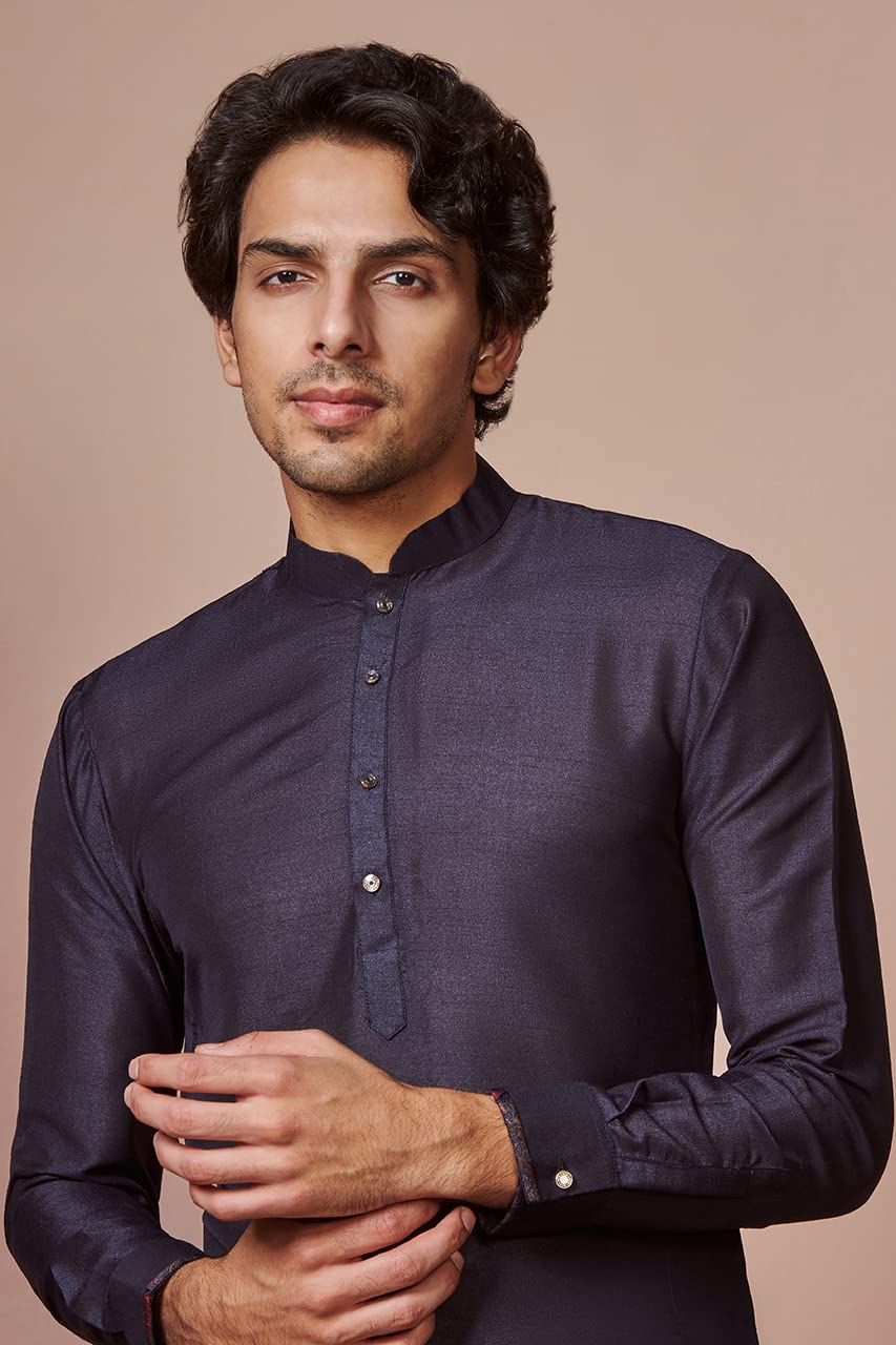Manyavar Kurta Jacket Set for Men, Full Sleeves Mandarin Collar Ethnic Kurta Jacket Set for Festival, Wedding, Party Art Silk (Blue, S) - Image 3