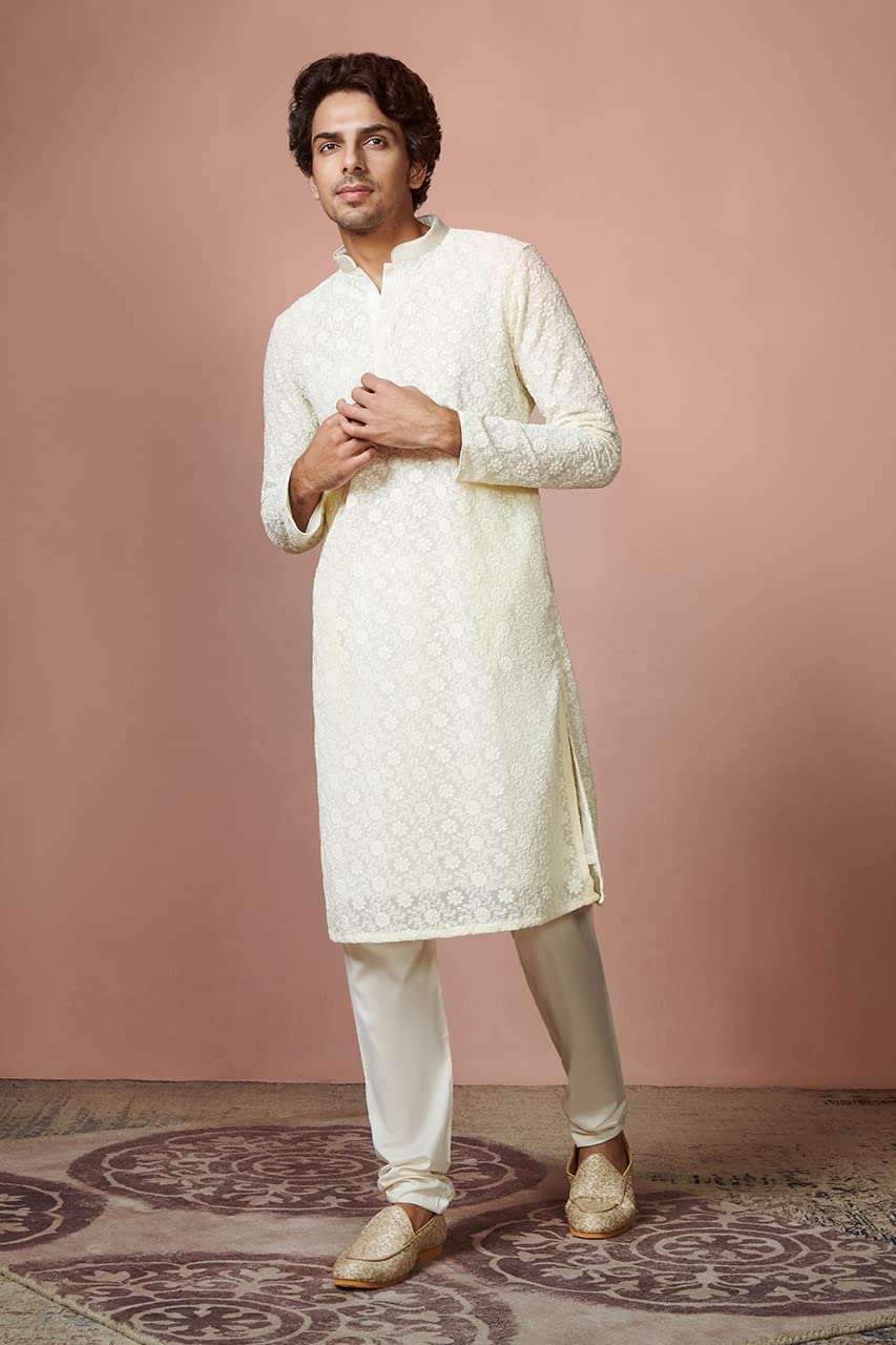 Manyavar Kurta Set for Men, Full Sleeves Mandarin Collar Ethnic Kurta Set For Diwali, Wedding, Party All Over Self Design (Off White, L) - Image 2