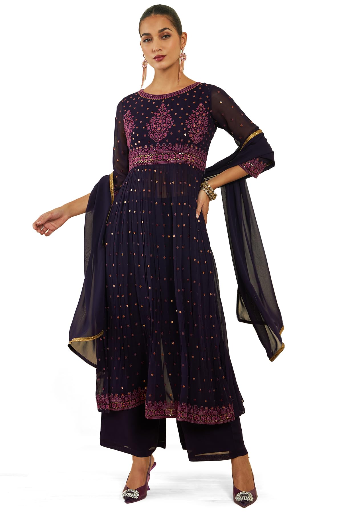 Soch Womens Wine Georgette Suit Set With Embroidery And Sequins