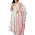 Amayra Women's Cotton Printed Anarkali Kurta with Palazzo Pants and Dupatta(TCK571,Pink,XL)