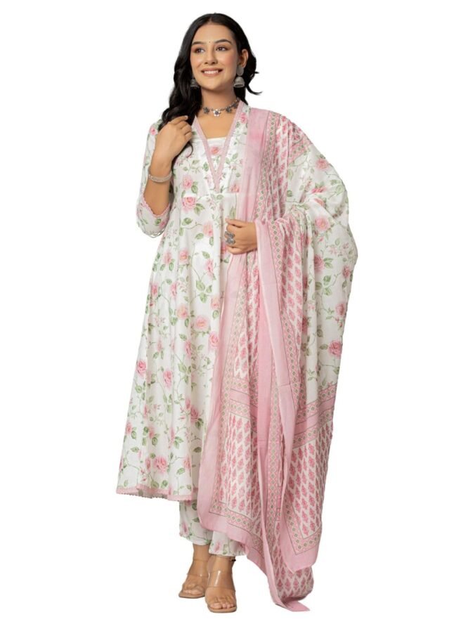 Amayra Women's Cotton Printed Anarkali Kurta with Palazzo Pants and Dupatta(TCK571,Pink,XL)