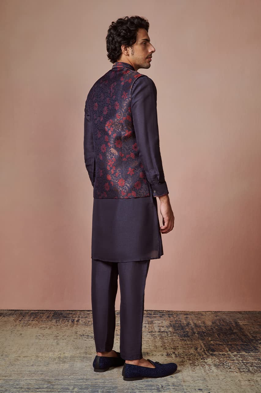 Manyavar Kurta Jacket Set for Men, Full Sleeves Mandarin Collar Ethnic Kurta Jacket Set for Festival, Wedding, Party Art Silk (Blue, S) - Image 7