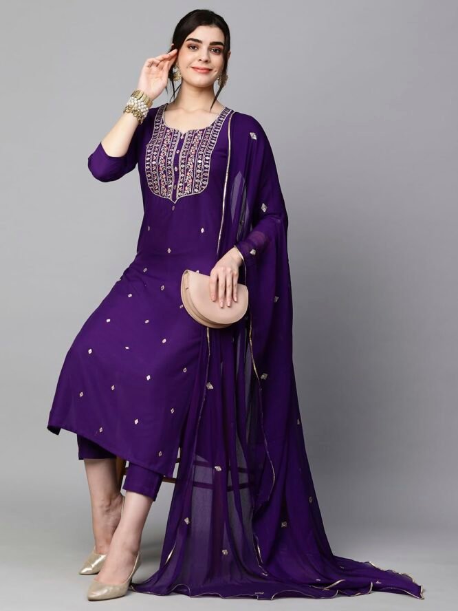 GoSriKi Women's Cotton Blend Embroidered Straight Kurta with Pant & Dupatta (Kasturi Begani-NGT-GS_S_Blue_Small) - Image 2