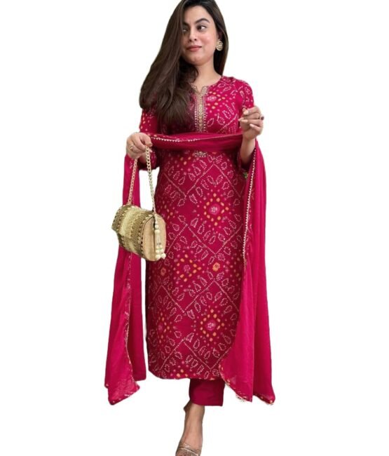 GoSriKi Women's Rayon Blend Straight Printed Kurta with Pant & Dupatta (TURAE Rani-GS_M_Pink_Medium)