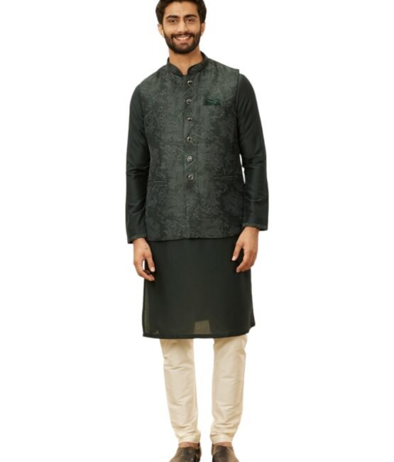 Manyavar Mens Green Blended Rayon Self Design Kurta Pyjama Jacket Set