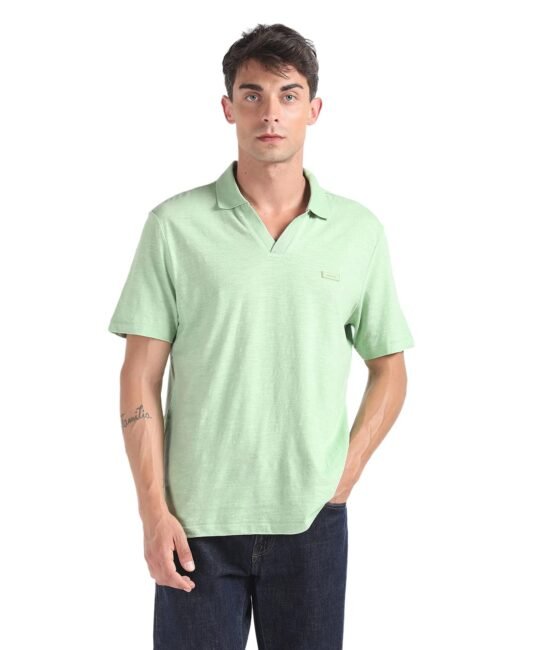 Calvin Klein Cotton Green Solid Polo Collar Short Sleeves Men Open Collar Polo T-Shirt (XL)