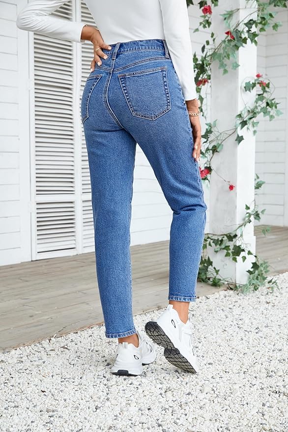 OFLUCK Straight Leg Mom Jeans for Women High Waisted Trendy Ankle Jeans Boyfriend Denim Tapered Leg Pants, Indigo, 12 - Image 3