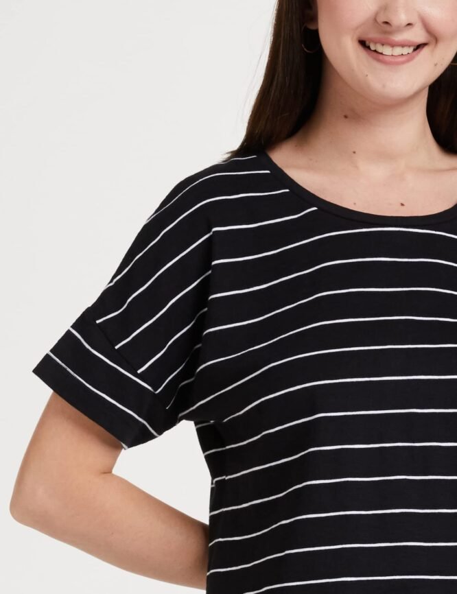 Amazon Brand - Symbol Women's Striped Loose Fit Half Sleeve Cotton T-Shirt (SYMAW19TS036B_White + Navy_Small) (Combo Pack of 2) - Image 6