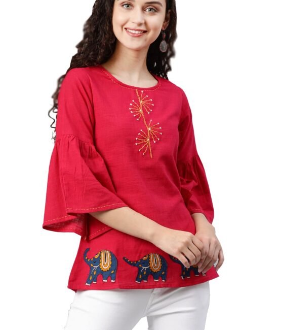 Yash Gallery Women's Cotton Slub Patch Work Regular Fit Straight Top For Women (237Yk345Pink_Pink_Xxx-Large)