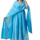 A&K Women Anarkali Embroided Printed Round Neck Kurta, Churidar & Dupatta Set