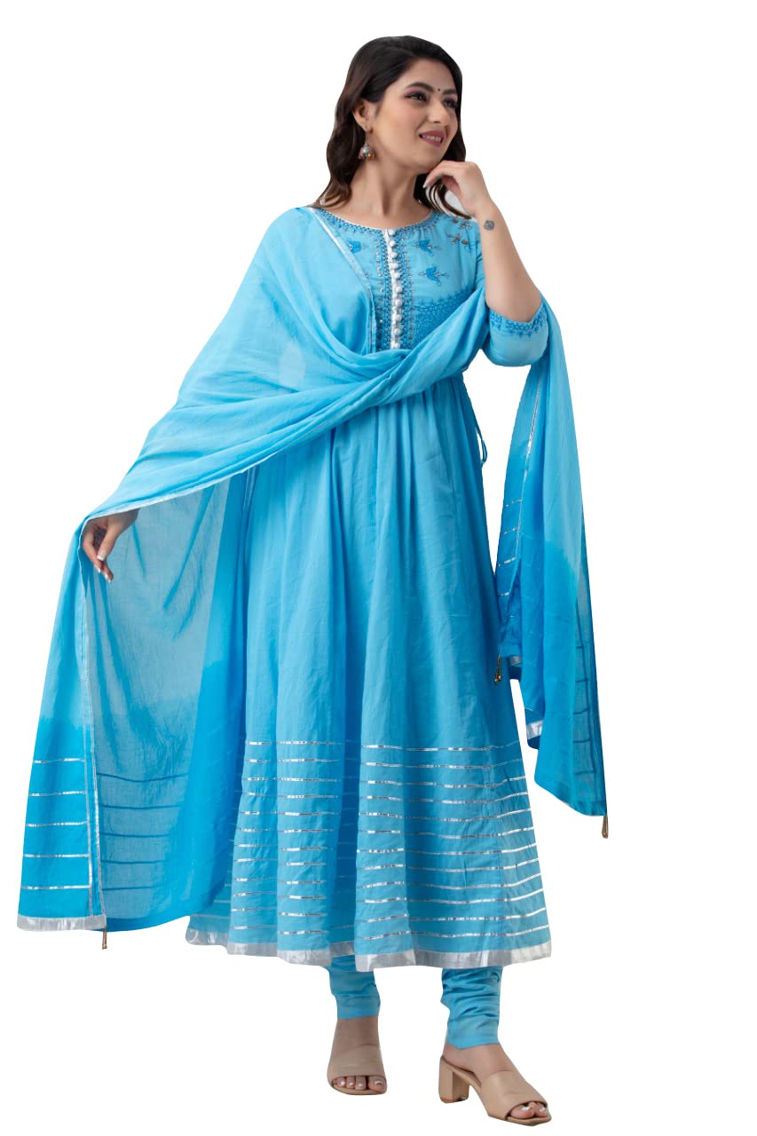 A&K Women Anarkali Embroided Printed Round Neck Kurta, Churidar & Dupatta Set