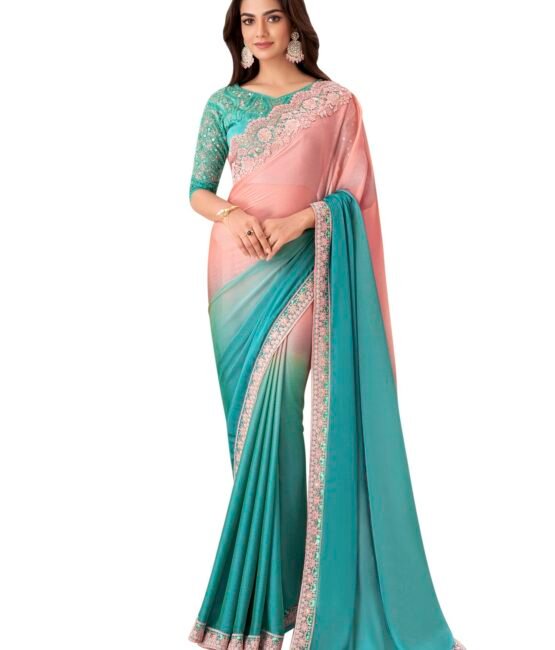 AKHILAM Women's Peach Pure Chiffon Embellished Saree With Unstitched Blouse (SNDLWOD1311_TFH)
