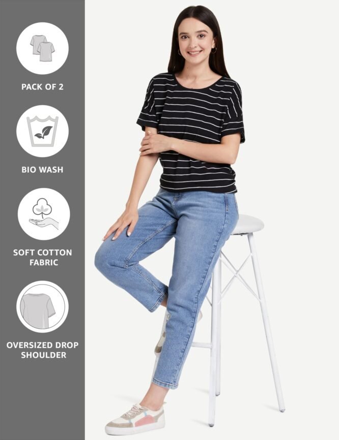 Amazon Brand - Symbol Women's Striped Loose Fit Half Sleeve Cotton T-Shirt (SYMAW19TS036B_White + Navy_Small) (Combo Pack of 2) - Image 8