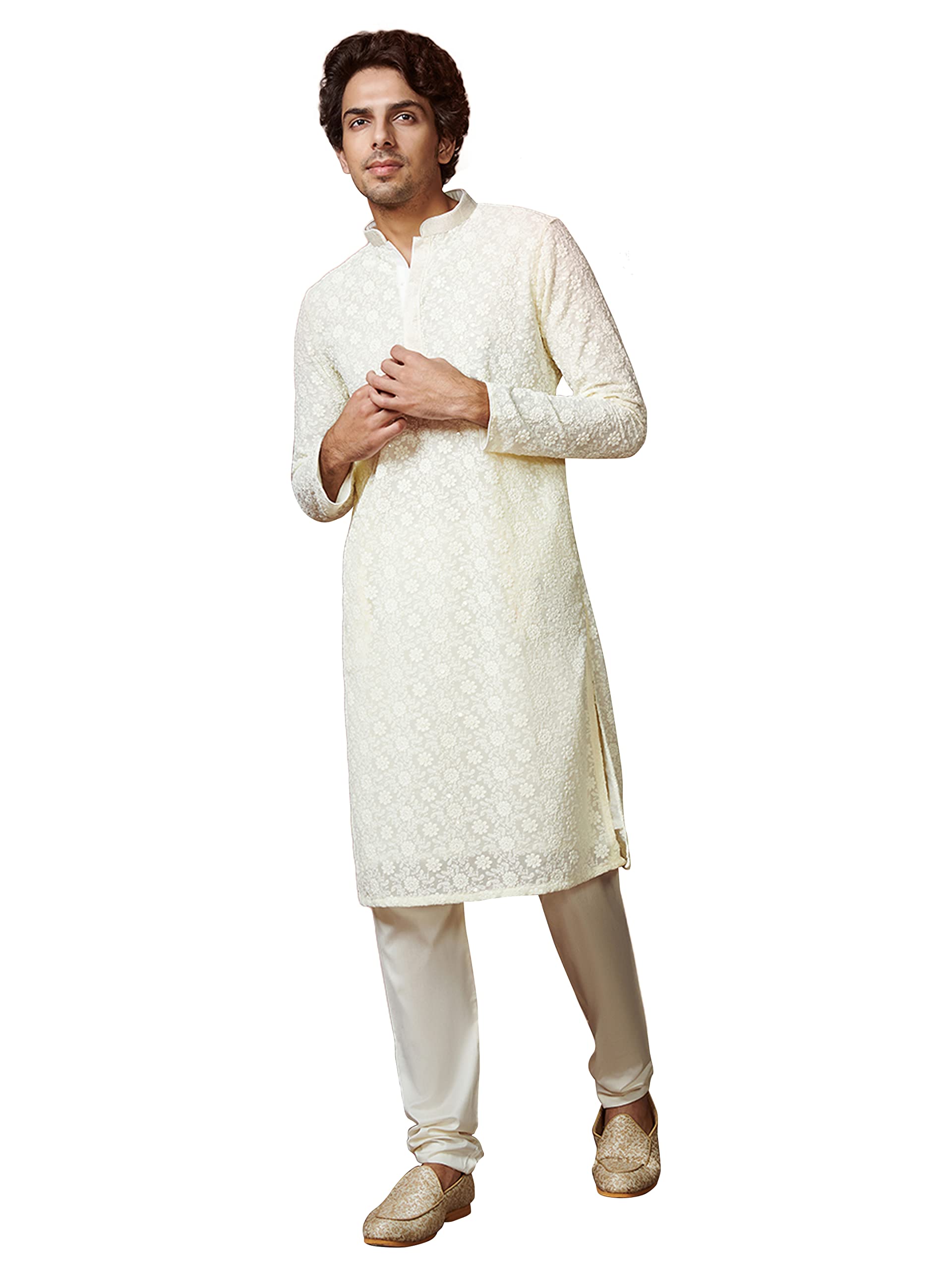 Manyavar Kurta Set for Men, Full Sleeves Mandarin Collar Ethnic Kurta Set For Diwali, Wedding, Party All Over Self Design (Off White, L)