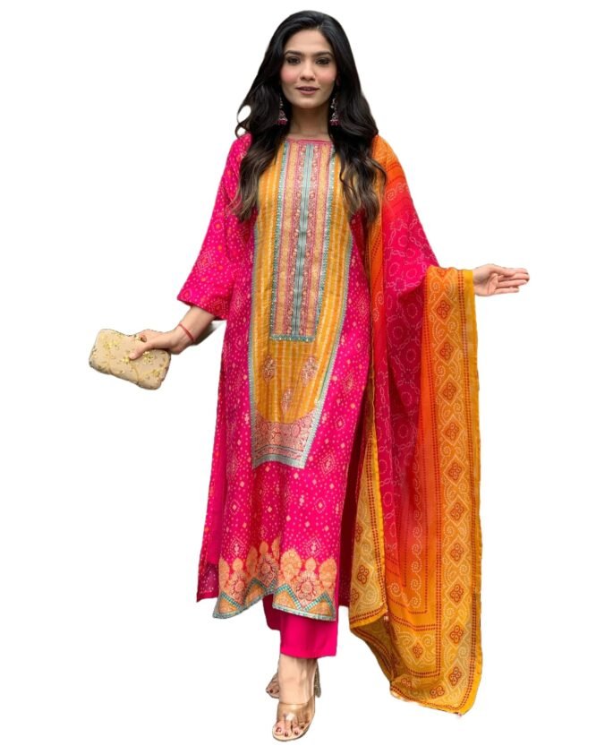 ANNI DESIGNER Women's Rayon Blend Printed Straight Kurta with Pant & Dupatta (Shubhangi Rani_XXL_Pink_XX-Large)