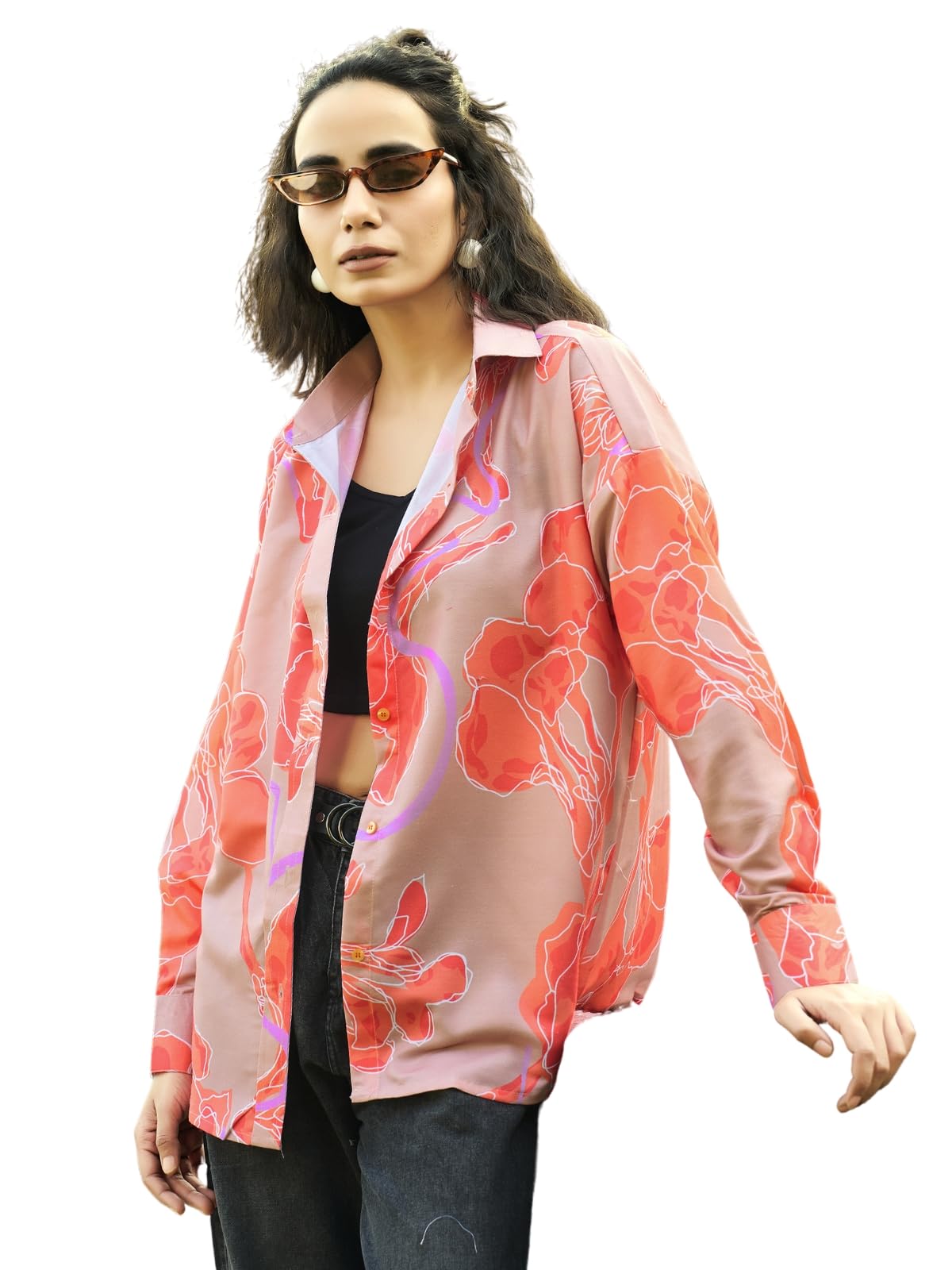 GRECIILOOKS Shirt for Women | Printed Casual Crop Top | Long Sleeve Stylish Collared |Korean Oversized Button-Down |Causal |Formal | Trendy (in, Alpha, M, Orange)