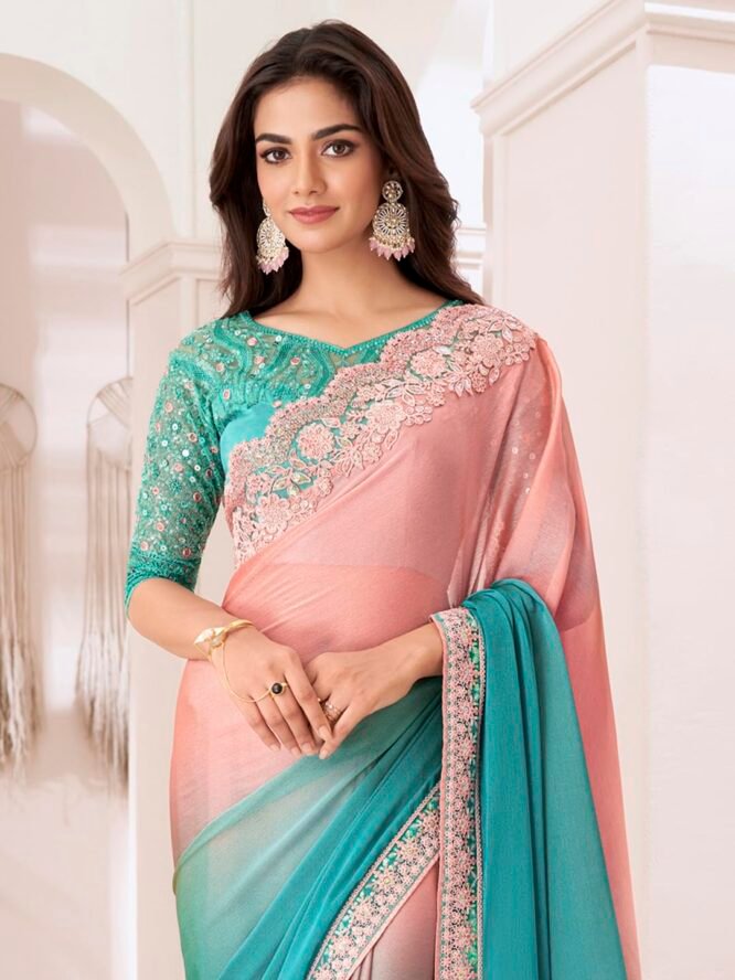 AKHILAM Women's Peach Pure Chiffon Embellished Saree With Unstitched Blouse (SNDLWOD1311_TFH) - Image 5