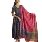Nermosa Women Printed Anarkali Kurta and Pant Set with Dupatta (in, Alpha, XL, Blue)