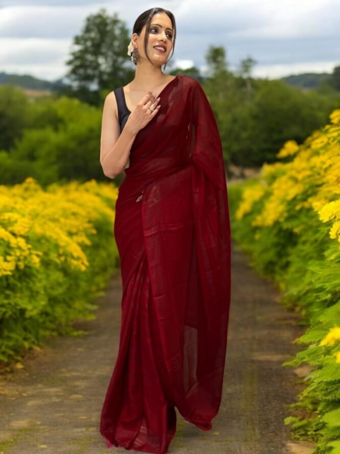 FEAURA Women's Maroon Ready to Wear Prestitched 1 Min. Saree Glitter Striped Nylon Light Weight with Blouse Piece - Image 2