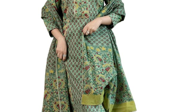 GoSriKi Women's Rayon Blend Straight Printed Kurta with Pant & Dupatta (SANGHVI GREEN-GS_L_Green_Large)