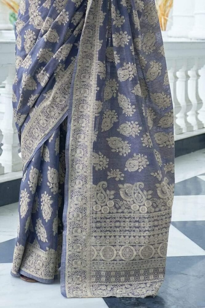 SWORNOF Women's Lucknowi Chikankari Linen Cotton Woven Sarees For Women With Blouse Sarees For Women, Blue - Image 7