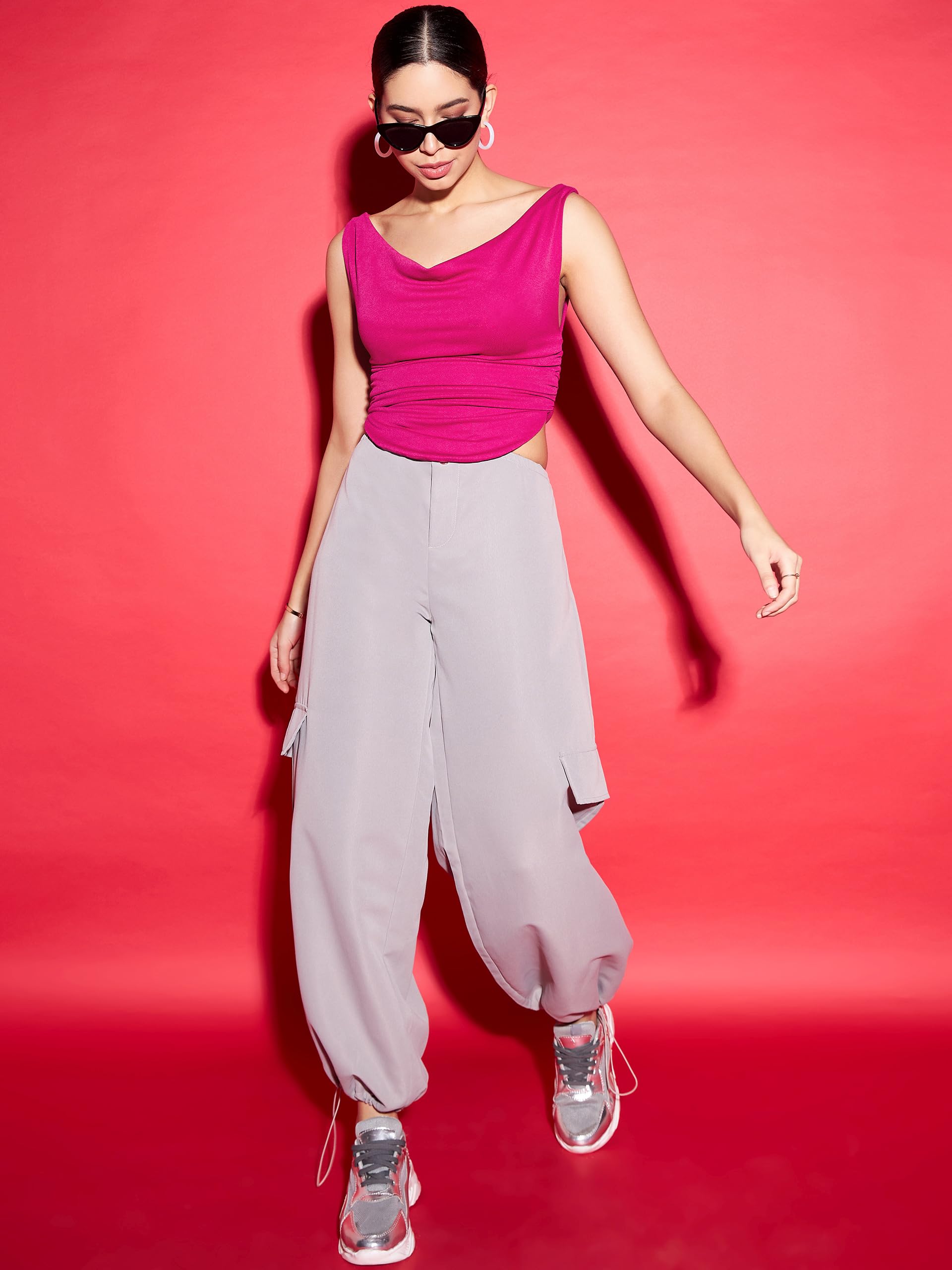 Uptownie Lite Cotton Stretchable Draped Crop Top Maroon - Image 5