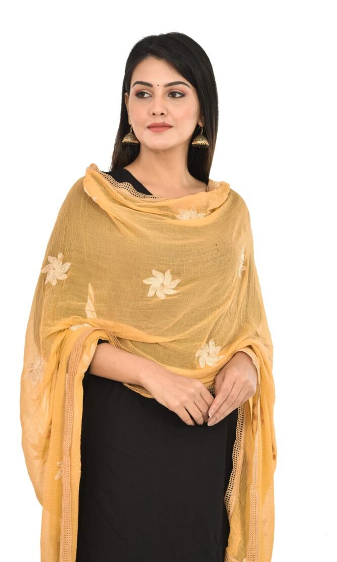 YOUTHQUAKE Flower Embroidered Diamond Work Chiffon Dupatta for Womens & Girls With 4 Side Lace (Beige) - Image 4