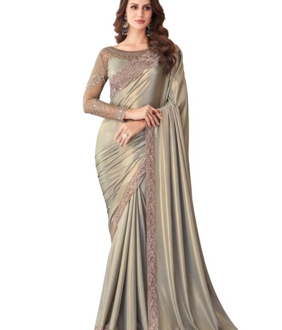 AKHILAM Women's Satin Silk Embellished Designer Saree With Blouse Piece (Metallic_SILVER27011_TFH)