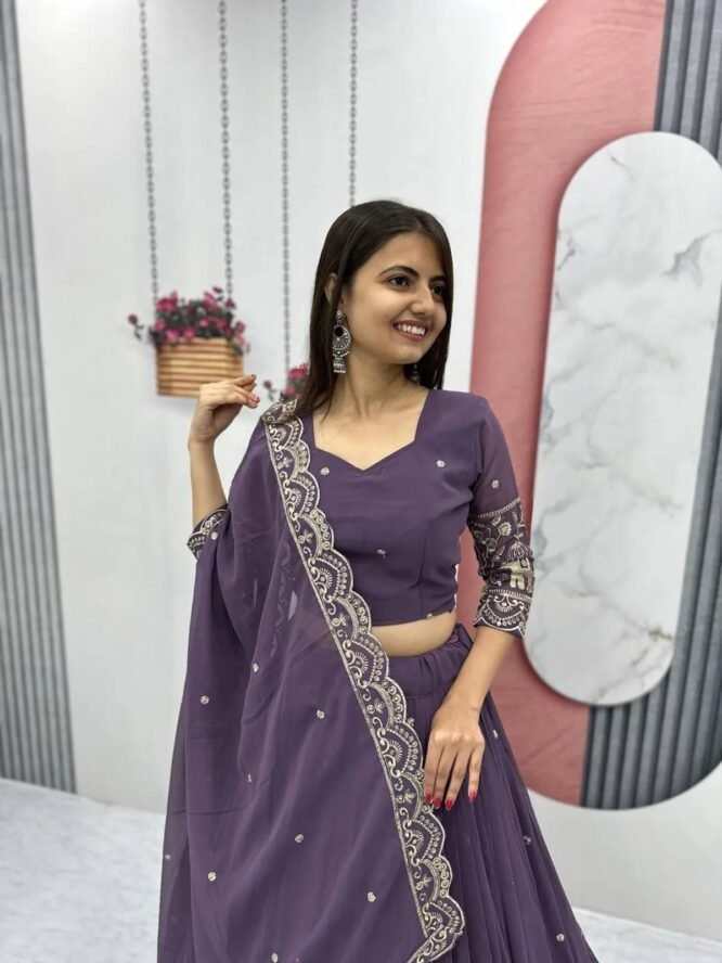 MODEMIX Designer Lehenga Choli Set, Purple Georgette with Silver Embroidery, Traditional Palace and Elephant Motifs - Image 5