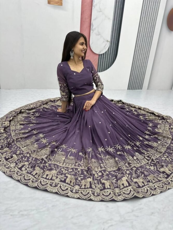 MODEMIX Designer Lehenga Choli Set, Purple Georgette with Silver Embroidery, Traditional Palace and Elephant Motifs - Image 6