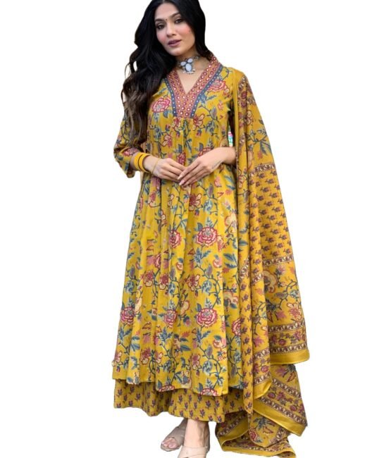 Nermosa Women Printed Anarkali Kurta and pant set with Dupatta (IN, Alpha, M, Yellow)
