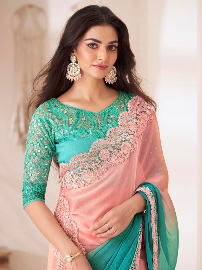 AKHILAM Women's Peach Pure Chiffon Embellished Saree With Unstitched Blouse (SNDLWOD1311_TFH) - Image 7