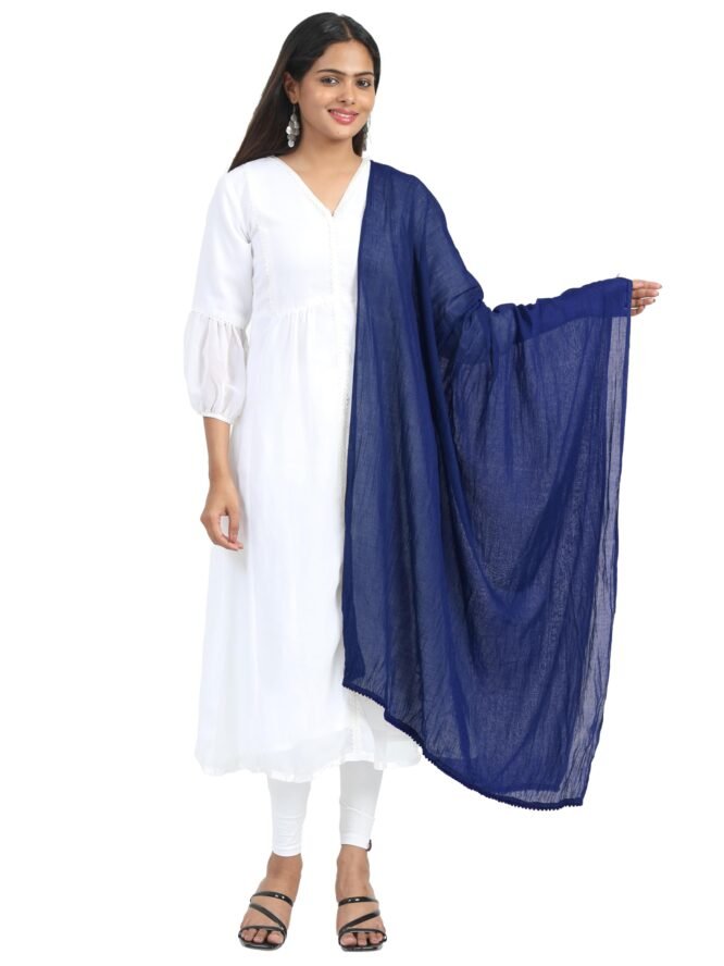 Miraan Women's Pure Solid Cotton Dupatta With Pom Pom Border, 2.25 Meters Length (Dupcottondarkblue102_Dark Blue) - Image 6