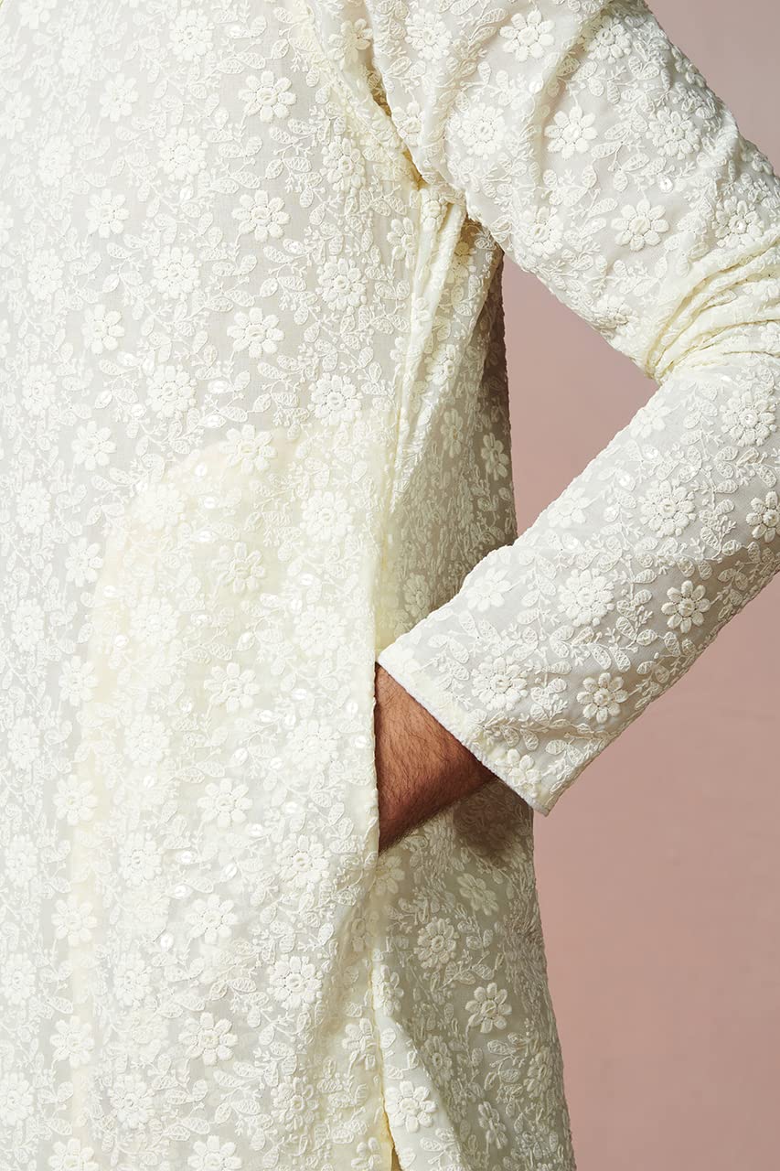 Manyavar Kurta Set for Men, Full Sleeves Mandarin Collar Ethnic Kurta Set For Diwali, Wedding, Party All Over Self Design (Off White, L) - Image 4