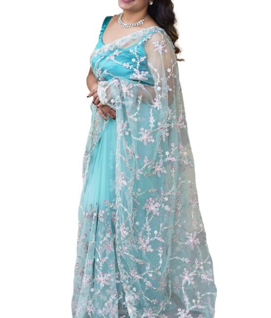 MESCHE Women's Pastel Mint Green Supernet Saree with Zari & Sequin Floral Embroidery With Unstitched Blouse Piece