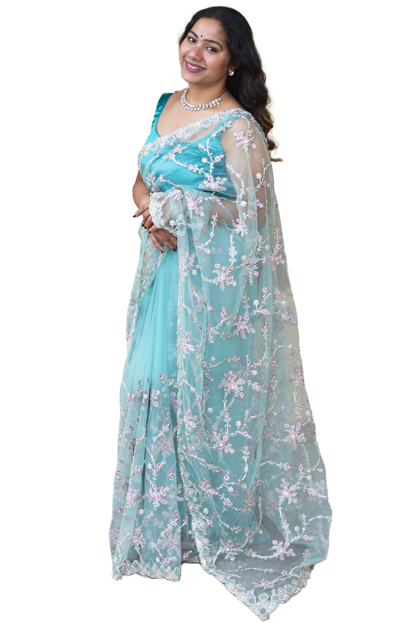 MESCHE Women's Pastel Mint Green Supernet Saree with Zari & Sequin Floral Embroidery With Unstitched Blouse Piece