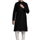 Manyavar Kurta Set for Men, Full Sleeves Mandarin Collar Ethnic Kurta Pajama for Engagement, Wedding, Party All Over Self Design Kurta Set Georgette (Black, M)