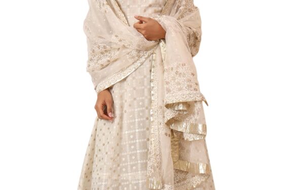 Wishful Women's White Heavy Embroidered Anarkali Kurta, Pants and Dupatta Set (Size: XL)-SP12473-314254